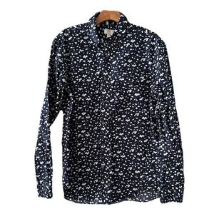 Club Monaco Blue White Print Long Sleeve Button Down Shirt Women Size Large